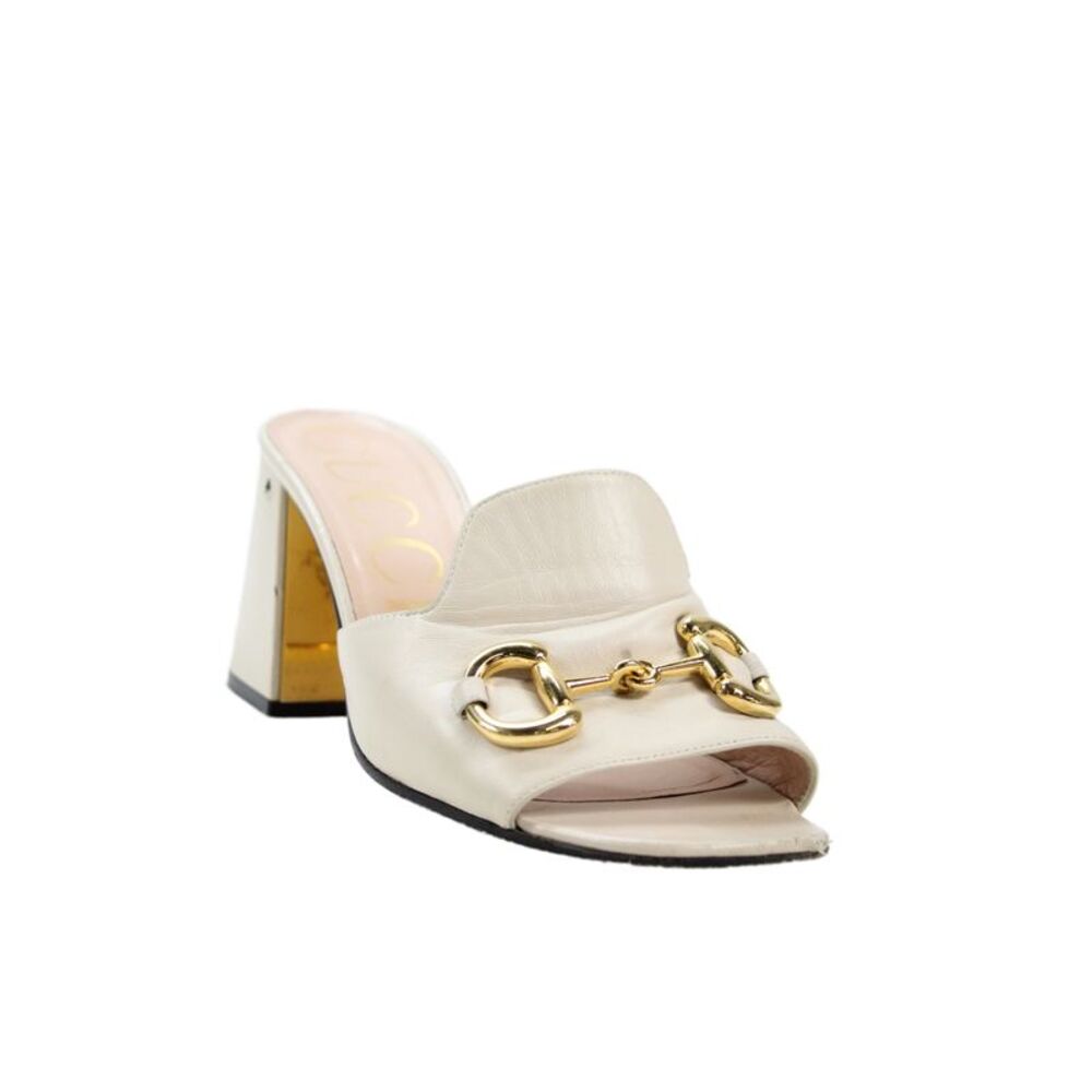 Gucci Womens Leather Horsebit Buckle Slide On Sandals Beige Size 38.5 8.5